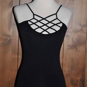 Suzette Black Form Fitting Summer Bodysuit Open Lattice Neckline Strappy Size 0S